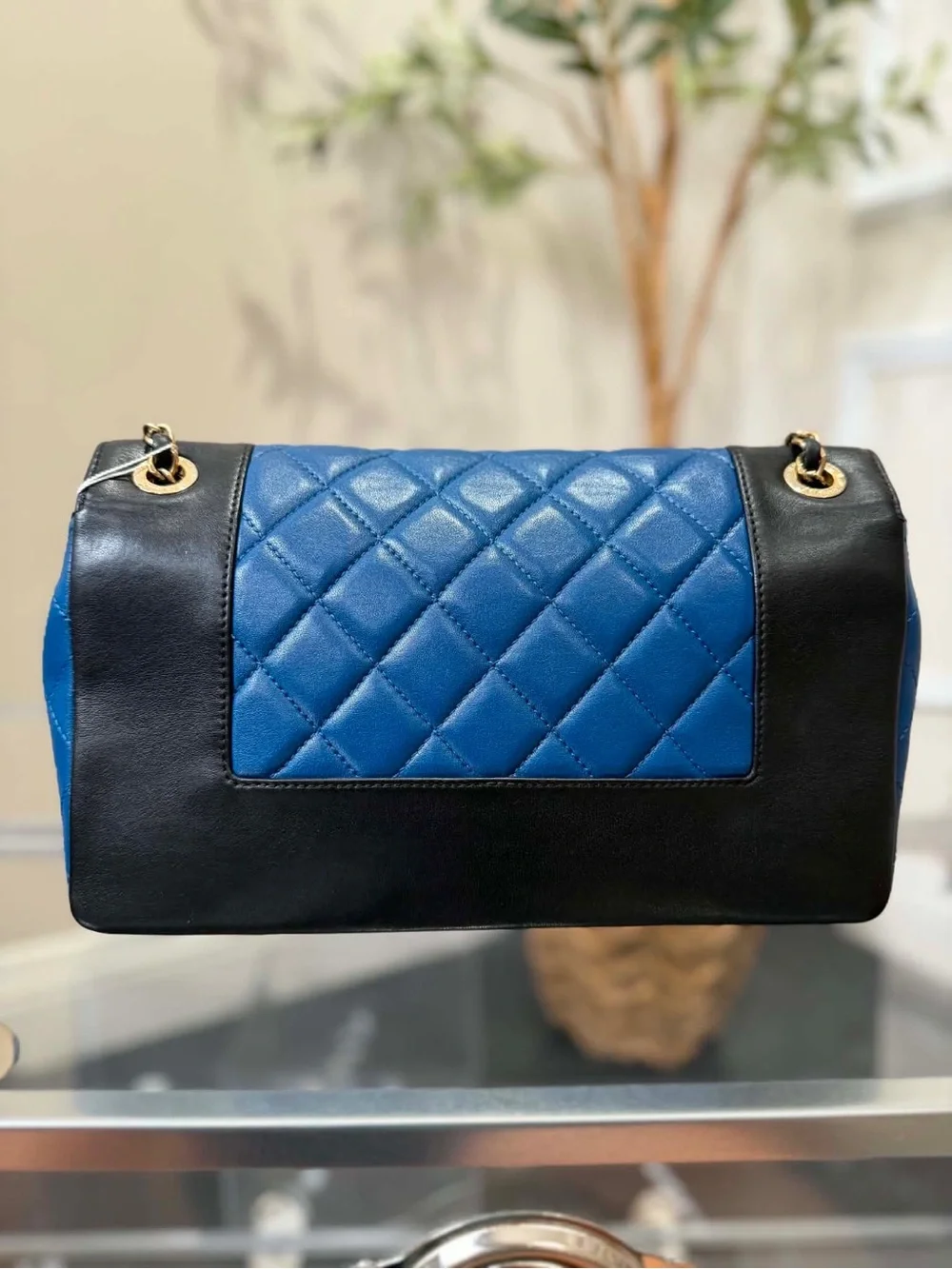CHANEL Quilted Blue Center Panel Shoulder Bag with Black Trim